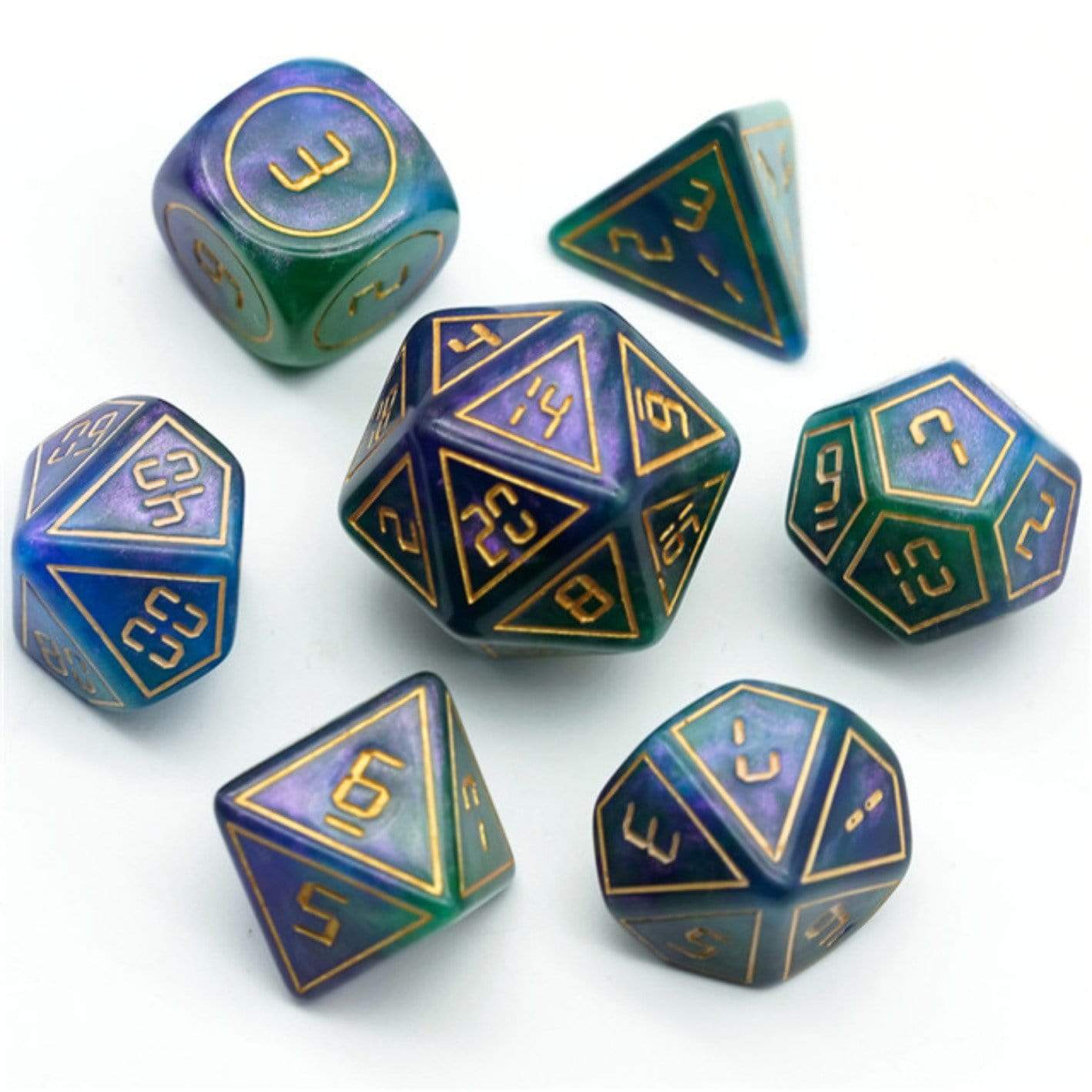 Foam Brain Cybernated Purple and Green XL Poly 7 Dice Set | Dragon's Lair Comics and Fantasy Houston TX