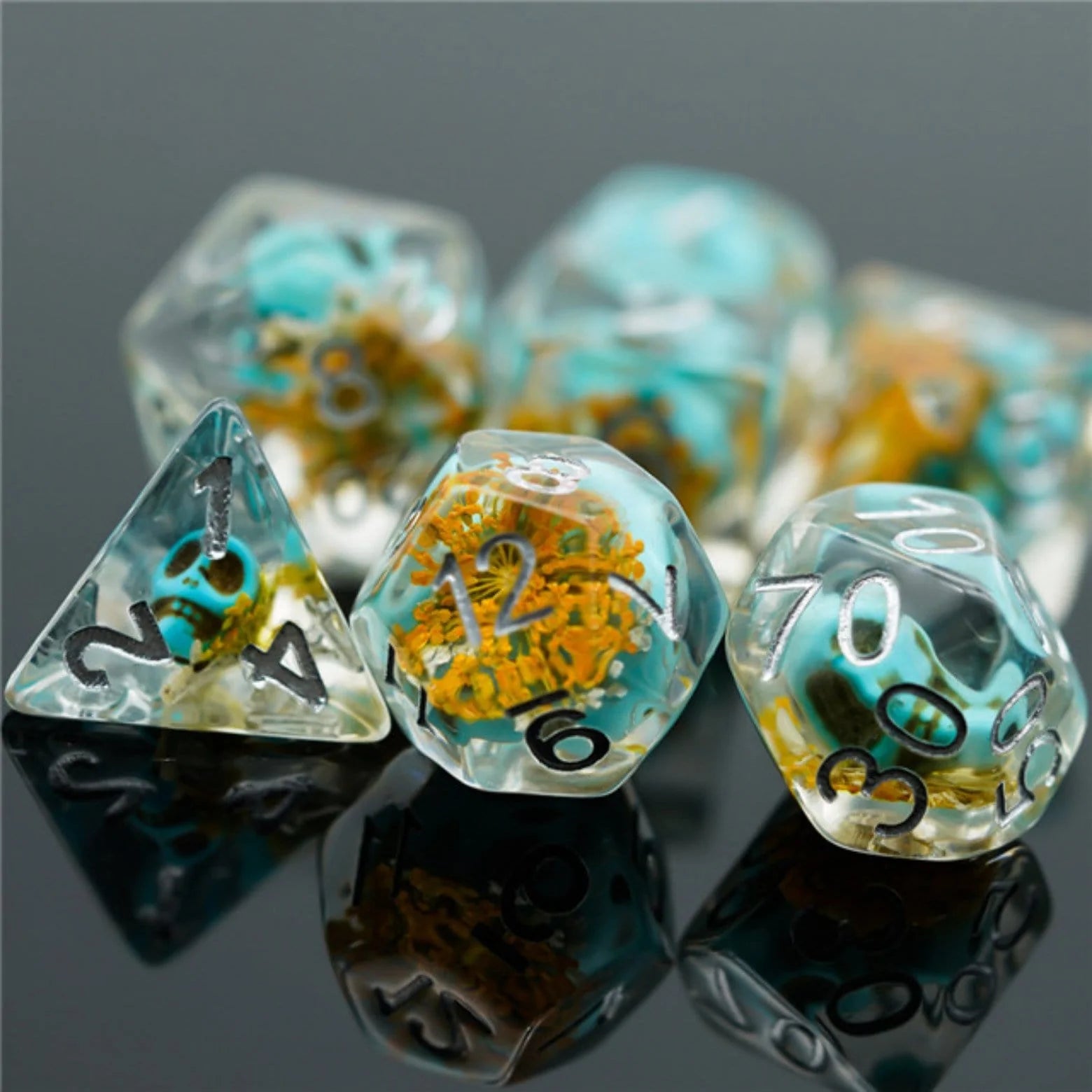 Foam Brain Yellow Flower With Blue Skull Poly 7 Dice Set | Dragon's Lair Comics and Fantasy Houston TX