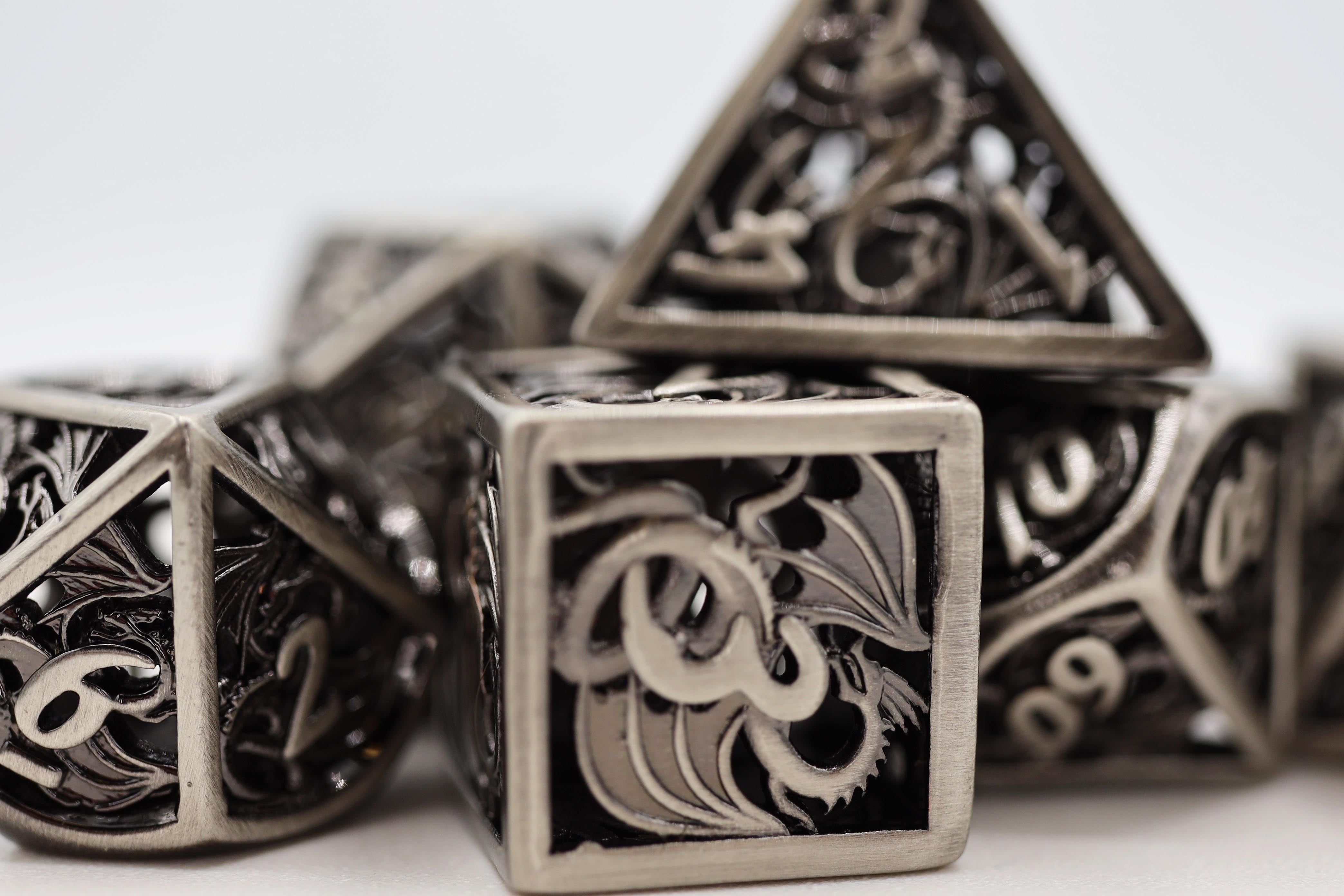 Foam Brain Hollow Silver Dragon RPG Metal Dice Set | Dragon's Lair Comics and Fantasy Houston TX