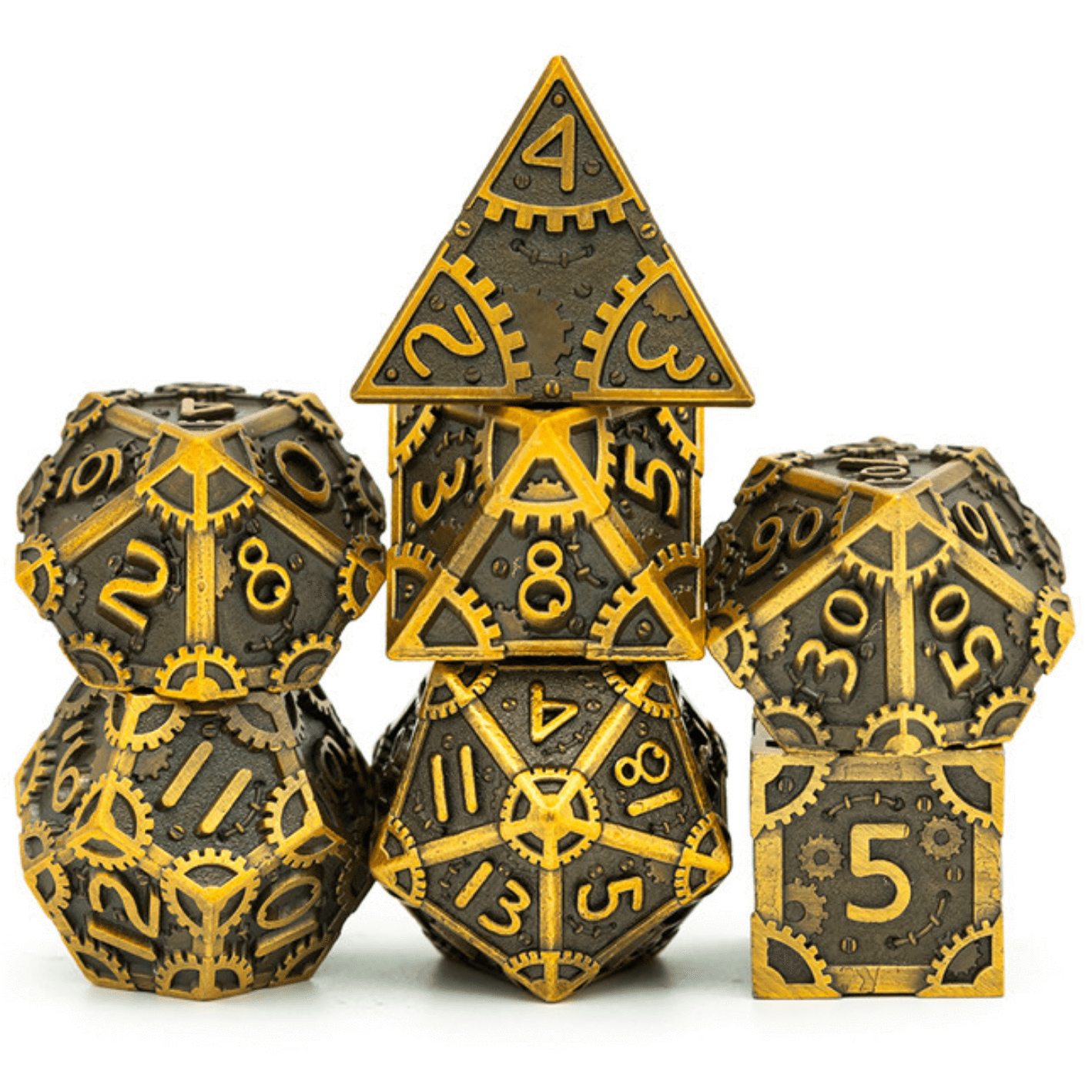 Foam Brain Steam Punk Antique Gold RPG Metal Dice Set | Dragon's Lair Comics and Fantasy Houston TX