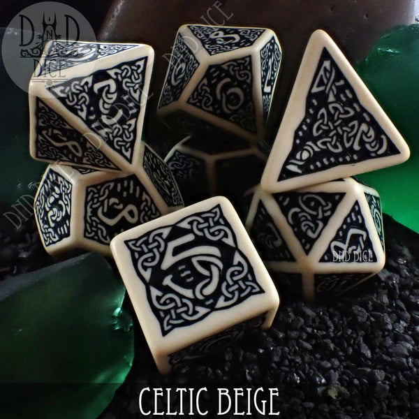 Q Workshop Poly 7 Dice Set: Celtic Black and Beige | Dragon's Lair Comics and Fantasy Houston TX