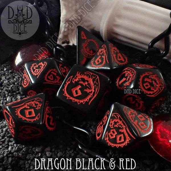 Q Workshop Poly 7 Dice Set: Dragon Dice Black and Red | Dragon's Lair Comics and Fantasy Houston TX