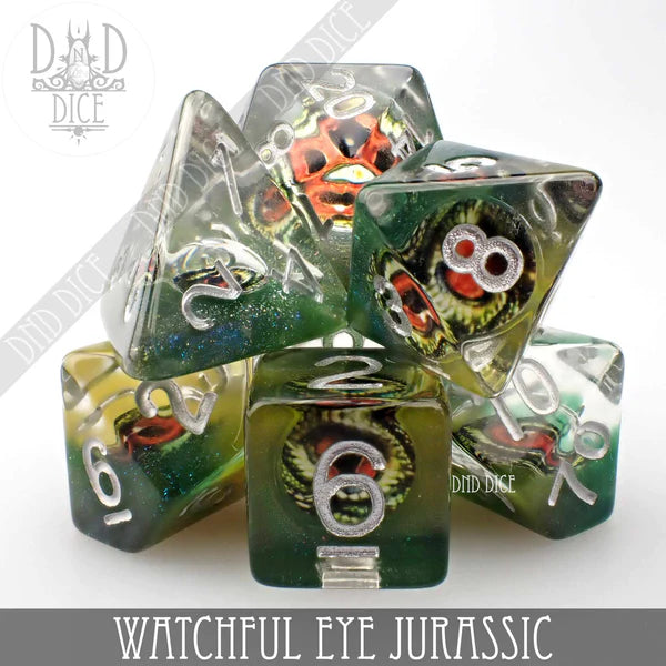 DND Dice Poly 7 Set: Watchful Eye Jurassic | Dragon's Lair Comics and Fantasy Houston TX