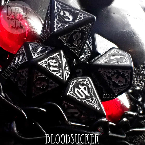 Q Workshop Poly 7 Dice Set: Bloodsucker Black and Silver | Dragon's Lair Comics and Fantasy Houston TX