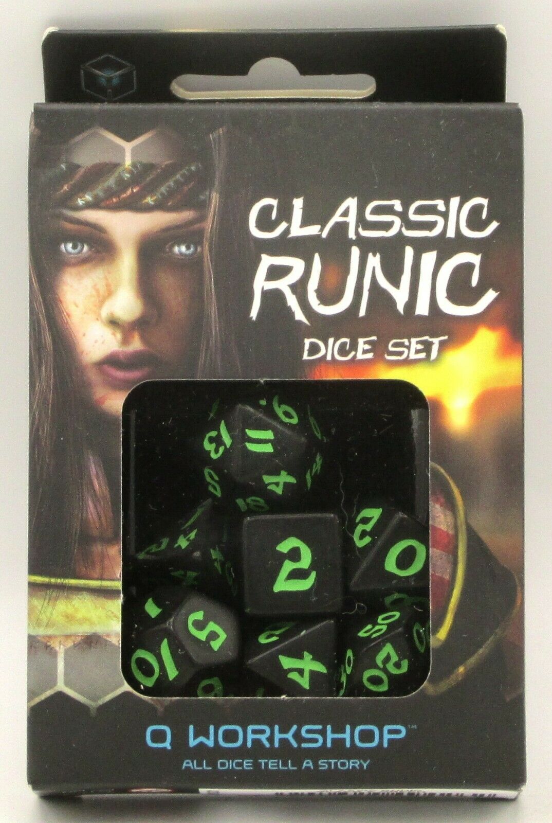 Q Workshop Classic Runic Dice Set Black and Green | Dragon's Lair Comics and Fantasy Houston TX