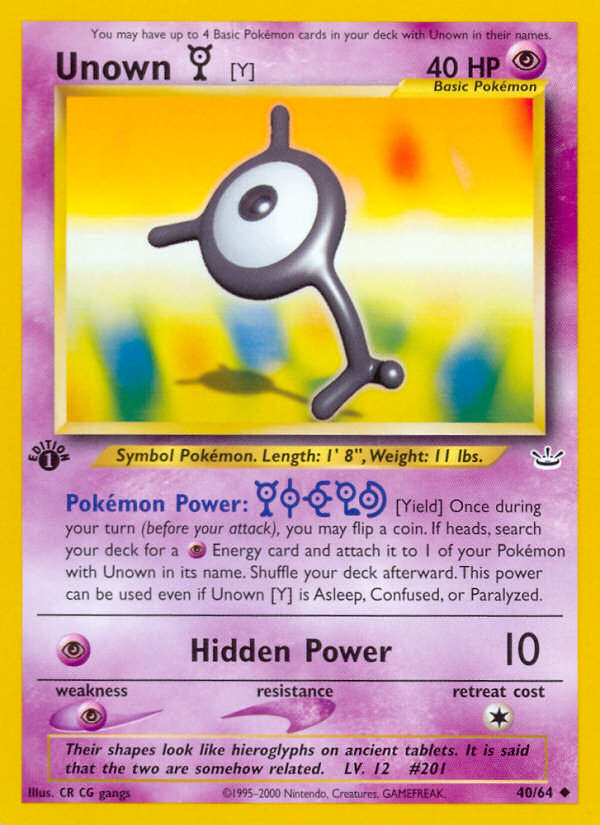 Unown [Y] (40/64) [Neo Revelation 1st Edition] | Dragon's Lair Comics and Fantasy Houston TX