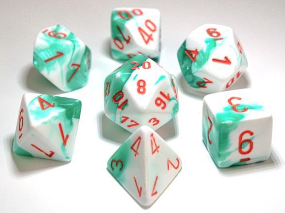 Chessex Lab Dice 3 Gemini Luminary Mint Green/White/Orange Poly 7 Set | Dragon's Lair Comics and Fantasy Houston TX