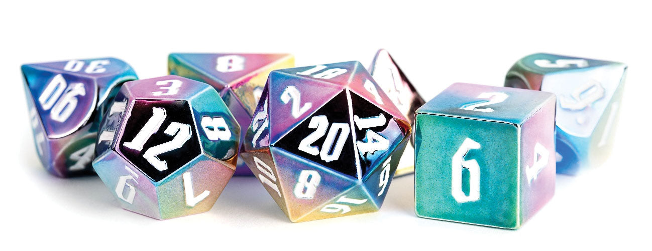 MDG Aluminum Plated Rainbow Aegis With White Poly 7 Dice Set | Dragon's Lair Comics and Fantasy Houston TX