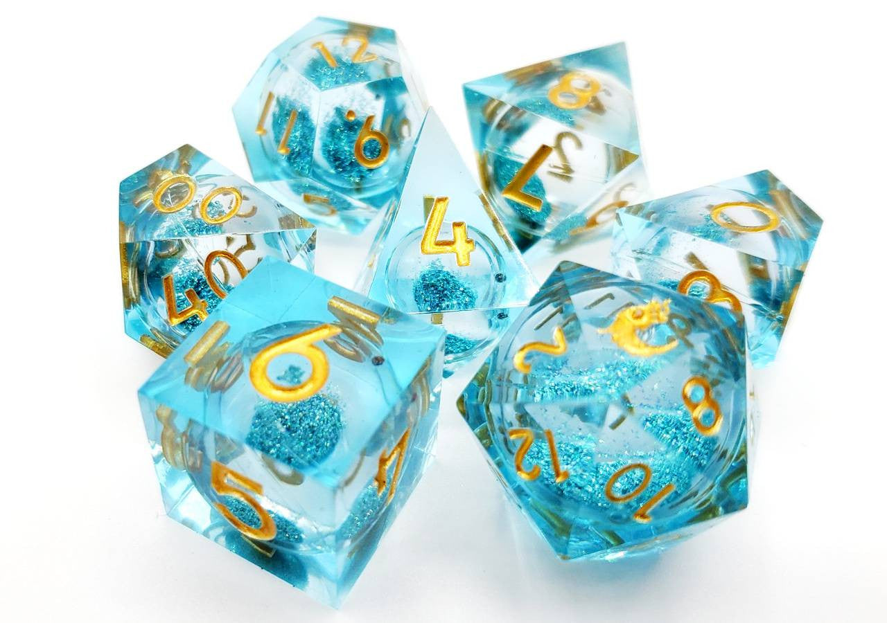 Old School Dice Sharp Edged Liquid Infused Azure Fury Poly 7 Dice Set | Dragon's Lair Comics and Fantasy Houston TX