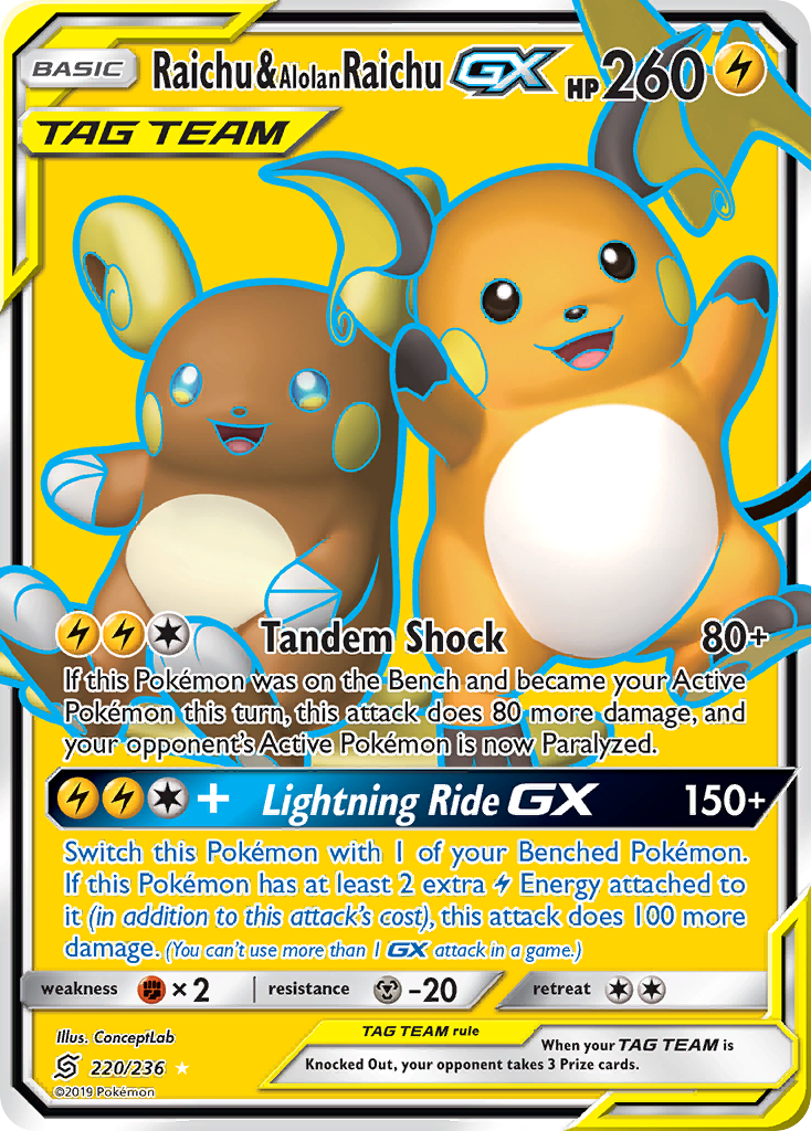 Raichu & Alolan Raichu GX (220/236) [Sun & Moon: Unified Minds] | Dragon's Lair Comics and Fantasy Houston TX