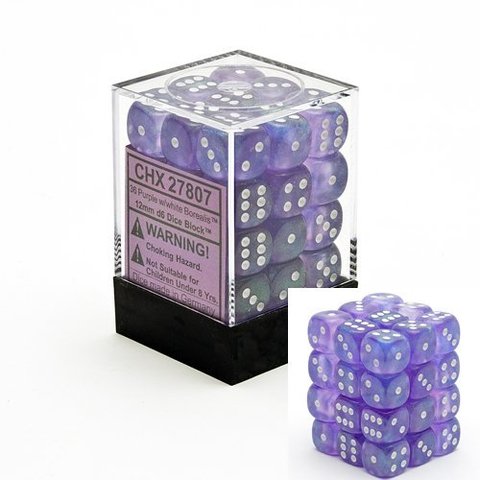 Chessex Borealis Purple with White 12mm d6 Set | Dragon's Lair Comics and Fantasy Houston TX