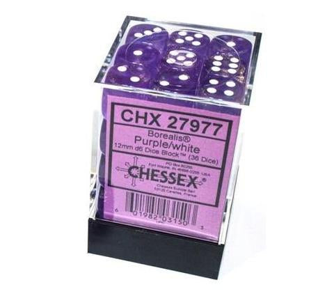 Chessex Borealis Glow in the Dark Light Purple With White 12mm D6 Dice Set | Dragon's Lair Comics and Fantasy Houston TX