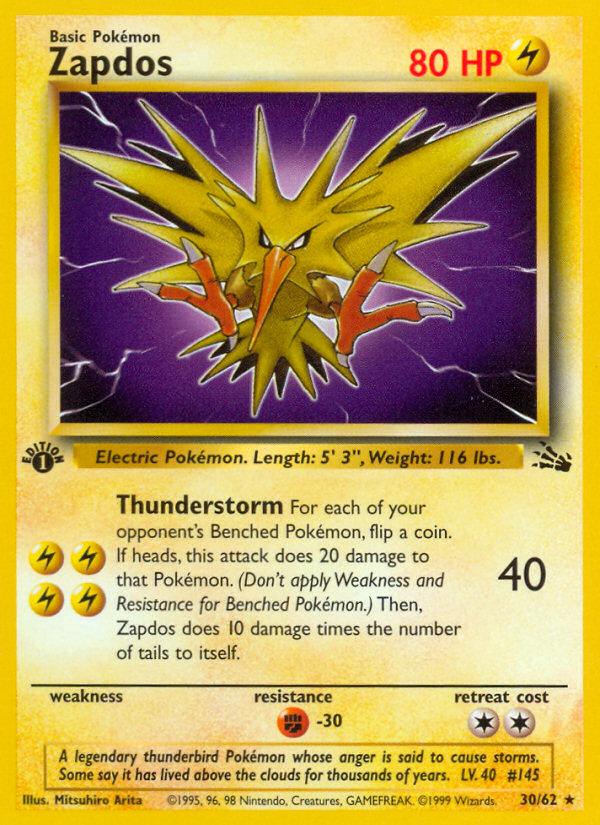 Zapdos (30/62) [Fossil 1st Edition] | Dragon's Lair Comics and Fantasy Houston TX