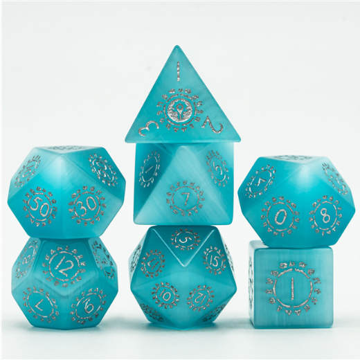 Foam Brain Cat's Eye Blue with Runes - Engraved with Silver Gemstone Poly 7 Dice Set | Dragon's Lair Comics and Fantasy Houston TX