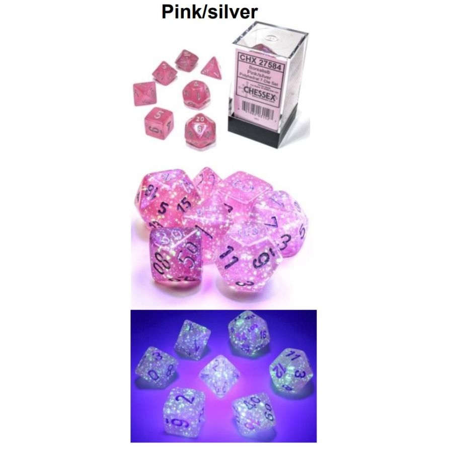 Chessex Borealis Glow in the Dark Pink with Silver Poly 7 Dice Set | Dragon's Lair Comics and Fantasy Houston TX