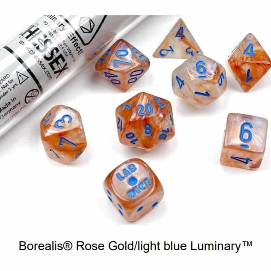 Chessex Lab Dice Borealis Luminary Rose Gold/ Light Blue Poly 7 Set | Dragon's Lair Comics and Fantasy Houston TX