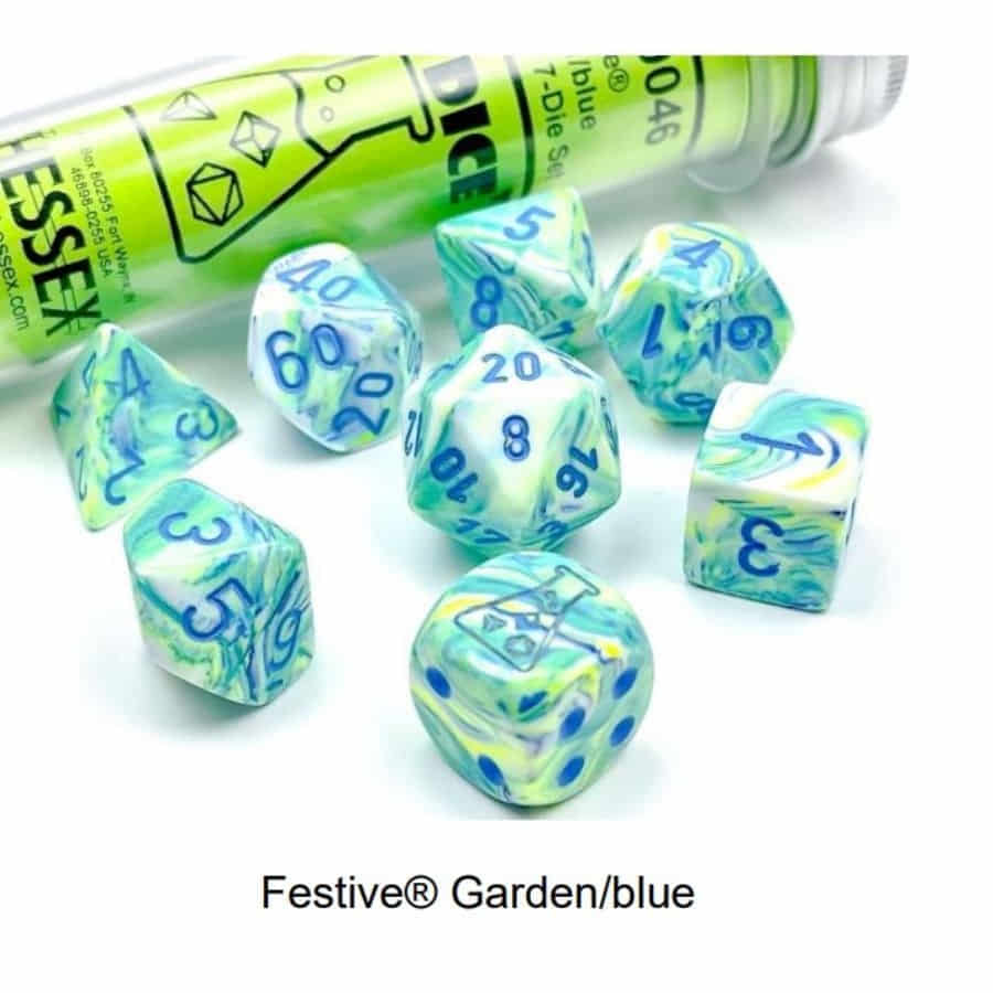 Chessex Lab Dice Festive Garden/Blue Poly 7 Set | Dragon's Lair Comics and Fantasy Houston TX