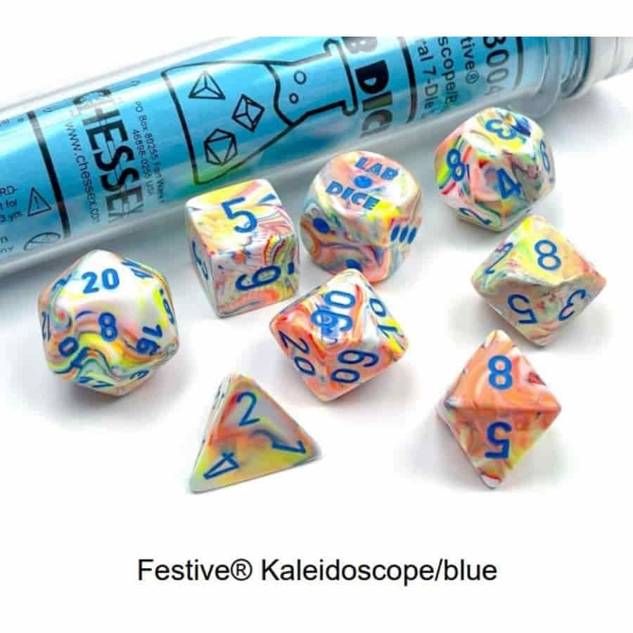 Chessex Lab Dice Festive Kaleidoscope/Blue Poly 7 Set | Dragon's Lair Comics and Fantasy Houston TX