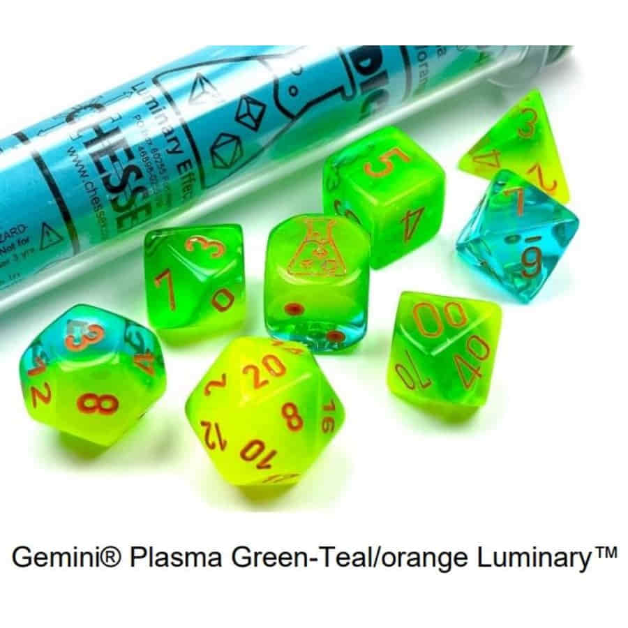 Chessex Lab Dice Gemini Luminary Plasma Green-Teal/Orange Poly 7 Set | Dragon's Lair Comics and Fantasy Houston TX