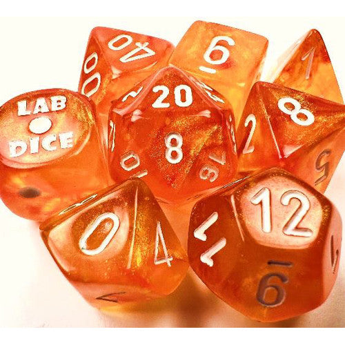 Chessex Lab Dice 6 Borealis: Blood Orange/White Luminary Poly 7 Set w Bonus Die | Dragon's Lair Comics and Fantasy Houston TX