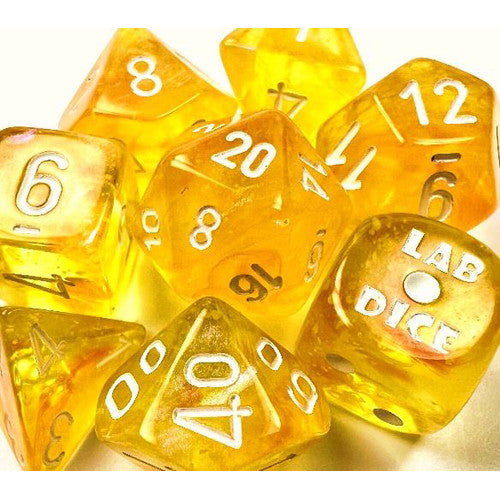 Chessex Lab Dice 6 Borealis: Canary/White Luminary Poly 7 Set w Bonus Die | Dragon's Lair Comics and Fantasy Houston TX