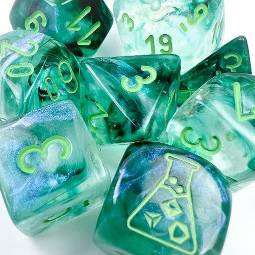 Chessex Lab Dice 6 Borealis: Kelp/Light Green Luminary Poly 7 Set w Bonus Die | Dragon's Lair Comics and Fantasy Houston TX