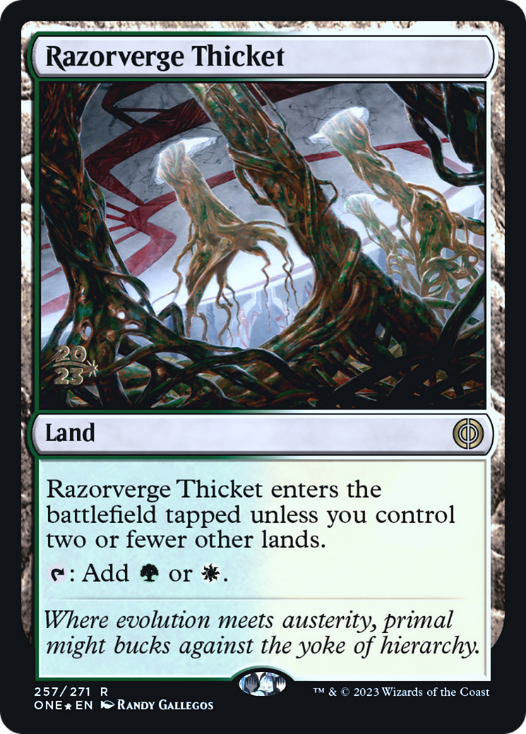 Razorverge Thicket [Phyrexia: All Will Be One Prerelease Promos] | Dragon's Lair Comics and Fantasy Houston TX