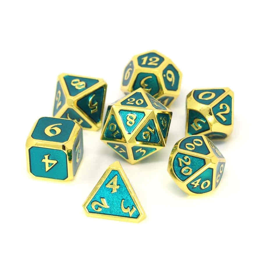 MYTHICA METAL 7CT POLY DICE SET - GOLD AQUAMARINE | Dragon's Lair Comics and Fantasy Houston TX