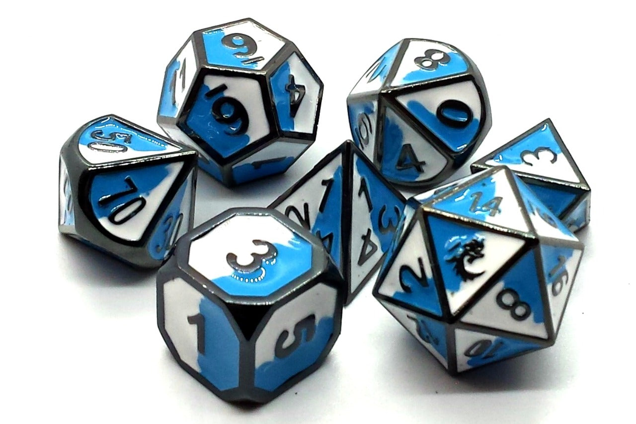 Old School Dice Dragon Forged Blue & White with Black Metal Poly 7 Set | Dragon's Lair Comics and Fantasy Houston TX