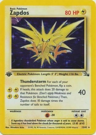 Zapdos (15/62) (Cosmos Holo) [Fossil 1st Edition] | Dragon's Lair Comics and Fantasy Houston TX