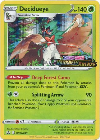 Decidueye (SWSH035) (Staff Prerelease Promo) [Sword & Shield: Black Star Promos] | Dragon's Lair Comics and Fantasy Houston TX