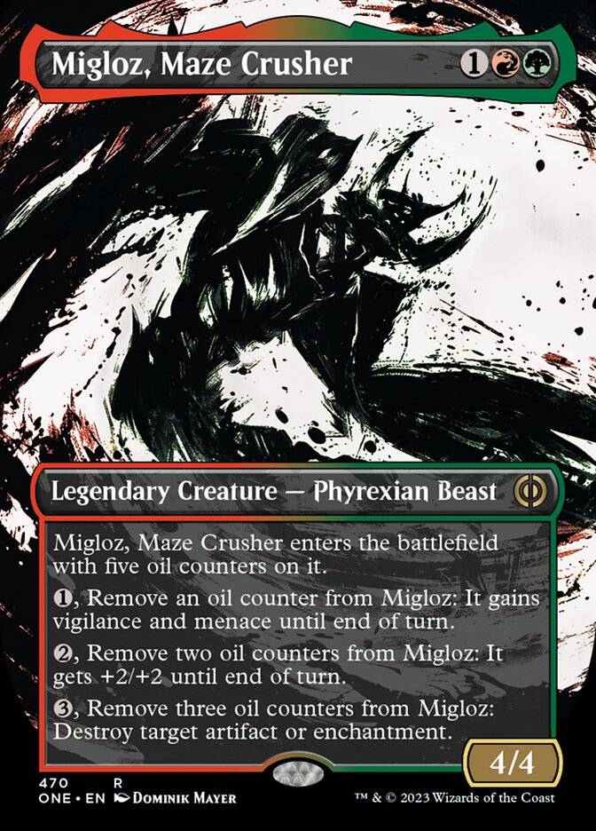 Migloz, Maze Crusher (Borderless Ichor Step-and-Compleat Foil) [Phyrexia: All Will Be One] | Dragon's Lair Comics and Fantasy Houston TX