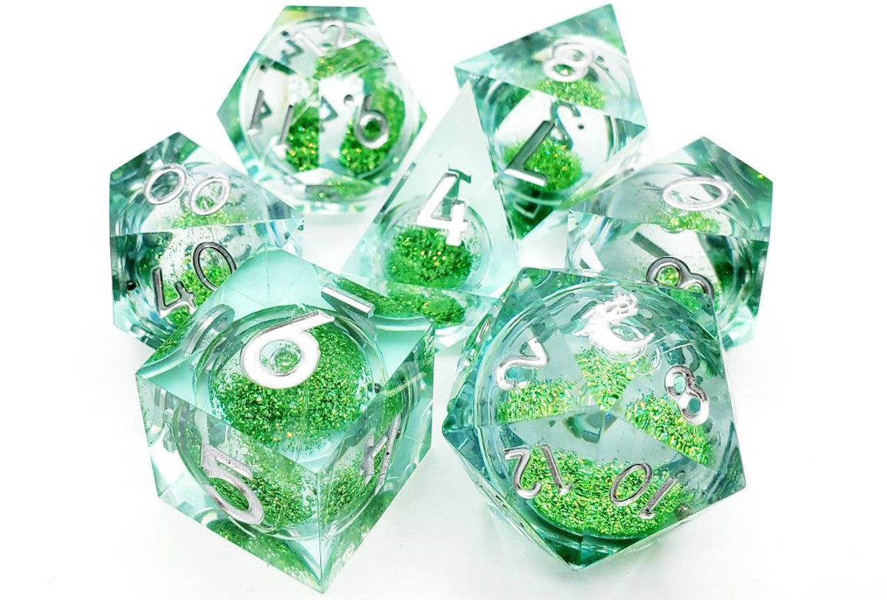 Old School Dice Sharp Edged Liquid Infused Emerald Fury Poly 7 Dice Set | Dragon's Lair Comics and Fantasy Houston TX