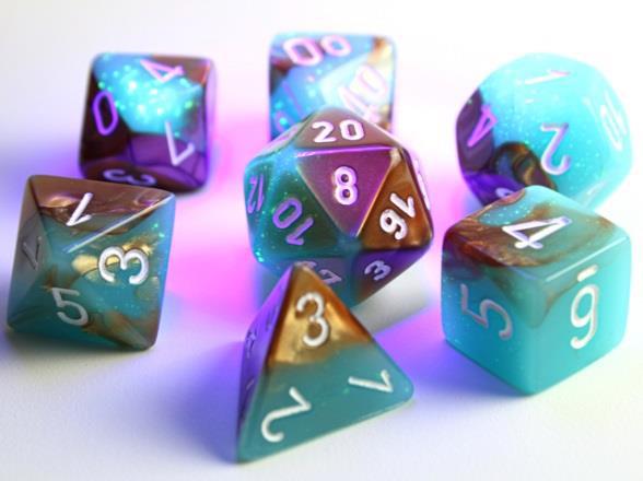 Chessex Lab Dice 3 Gemini Luminary Copper/Turquoise/White Poly 7 Set | Dragon's Lair Comics and Fantasy Houston TX