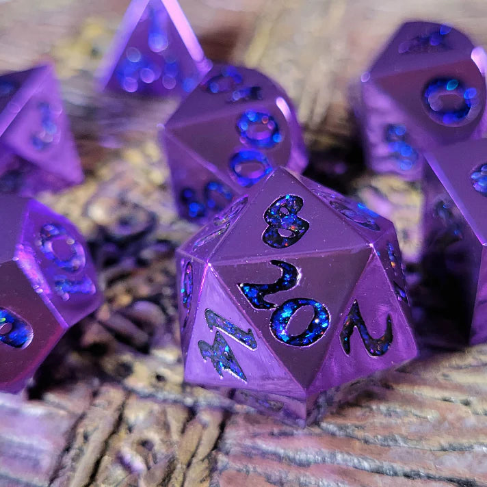 Forged Gaming Forged Lore Polished Purple With Blue Mica Metal Poly 7 Dice Set | Dragon's Lair Comics and Fantasy Houston TX