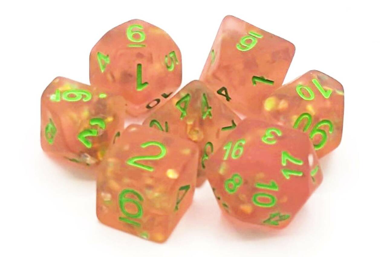 Old School Dice: Infused - Frosted Firefly Pink with Green Poly 7 Set | Dragon's Lair Comics and Fantasy Houston TX