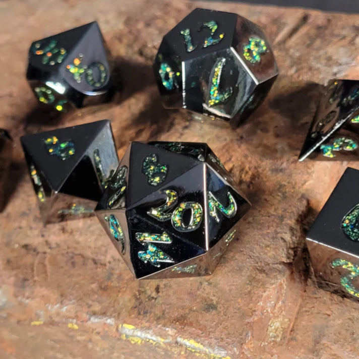 Forged Gaming Forged Lore Gunmetal with Green Mica Metal Poly 7 Dice Set | Dragon's Lair Comics and Fantasy Houston TX