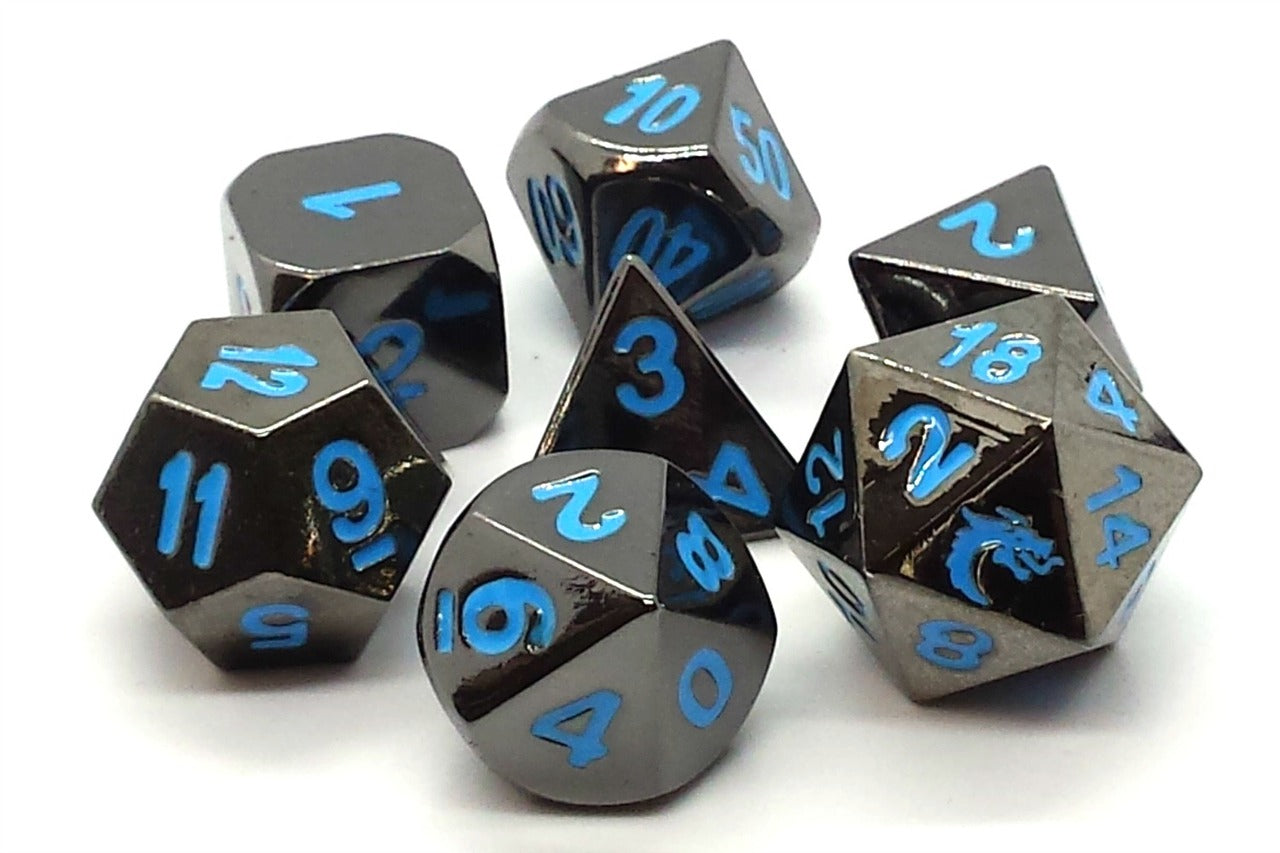 Old School Dice Halfling Forged Black Nickel with Blue Metal Poly 7 Set | Dragon's Lair Comics and Fantasy Houston TX