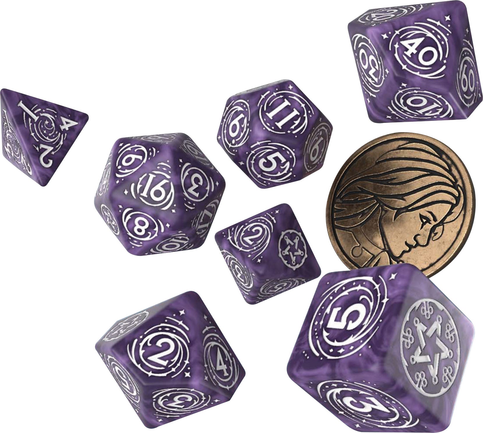 Q Workshop The Witcher Dice Set: Yennefer - Lilac and Gooseberries (7 + coin) | Dragon's Lair Comics and Fantasy Houston TX