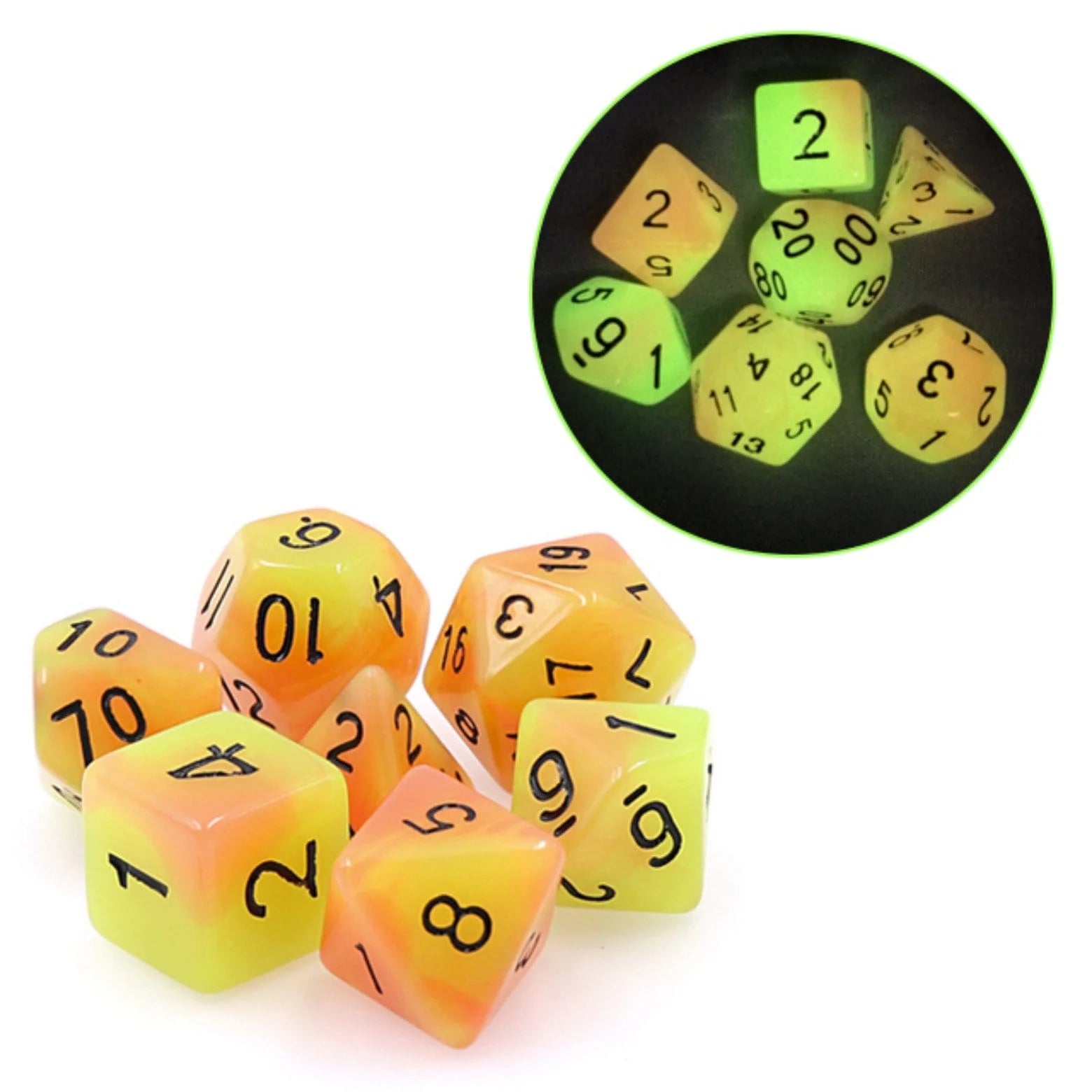 Foam Brain Glow in the Dark Fireball Poly 7 Dice Set | Dragon's Lair Comics and Fantasy Houston TX