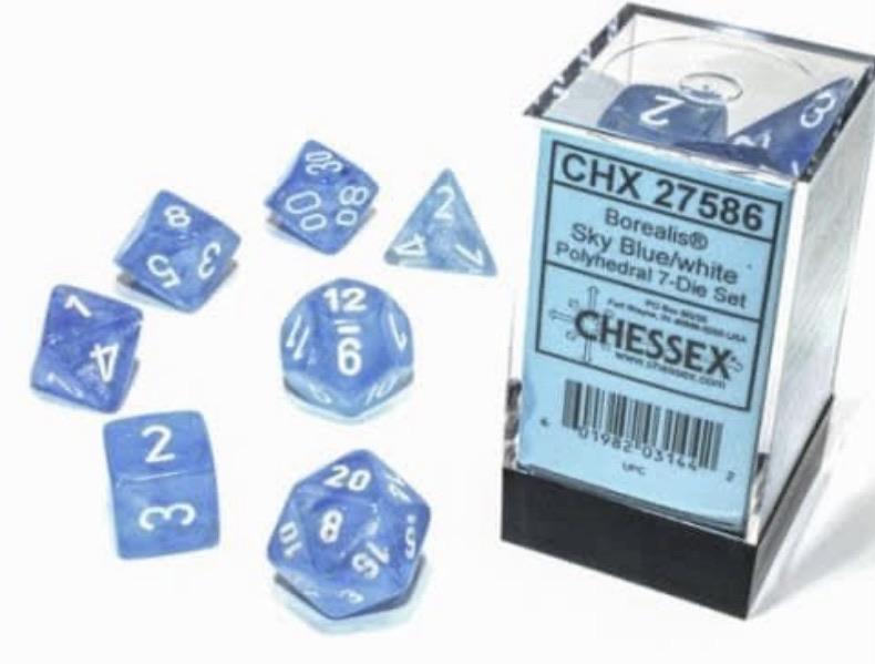 Chessex Borealis Sky Blue with White Luminary Glow in the Dark  Poly 7 Set | Dragon's Lair Comics and Fantasy Houston TX