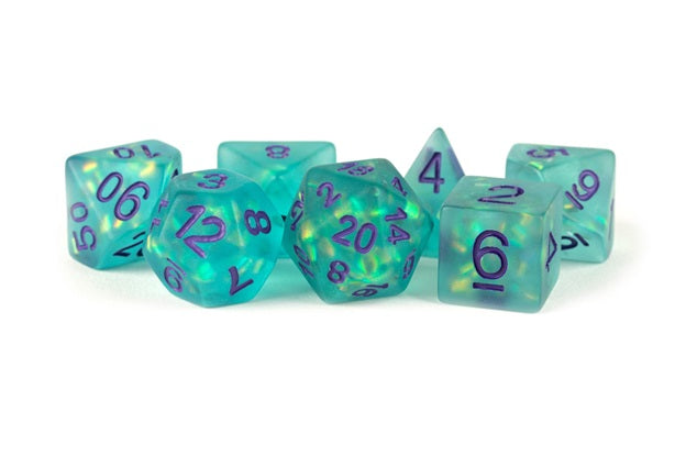 MDG Poly 7 Dice Set: Icy Opal Teal with Purple Numerals | Dragon's Lair Comics and Fantasy Houston TX