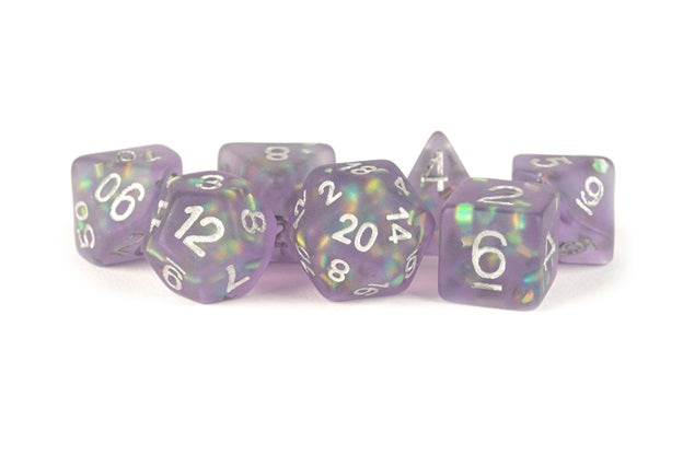 MDG Poly 7 Dice Set: Icy Opal Purple with Silver Numerals | Dragon's Lair Comics and Fantasy Houston TX