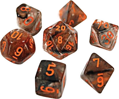 Chessex Lab Dice 4 Nebula: Copper Matrix/Orange Luminary Poly 7 Set | Dragon's Lair Comics and Fantasy Houston TX