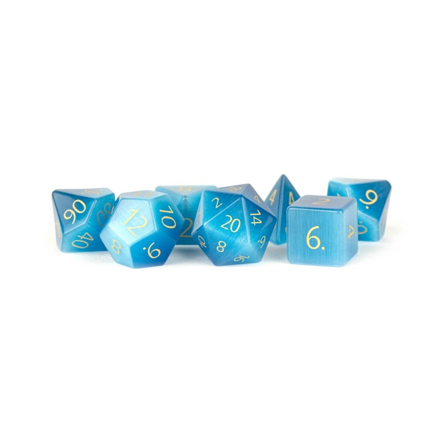 MDG 16mm Stone: Engraved Catseye Aquamarine Stone Poly 7 Dice Set | Dragon's Lair Comics and Fantasy Houston TX