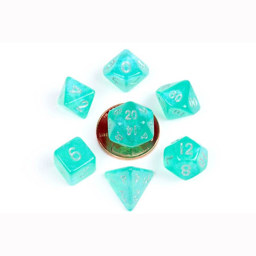 MDG MINI Poly 7 Set: Stardust Turquoise with Silver Numbers | Dragon's Lair Comics and Fantasy Houston TX