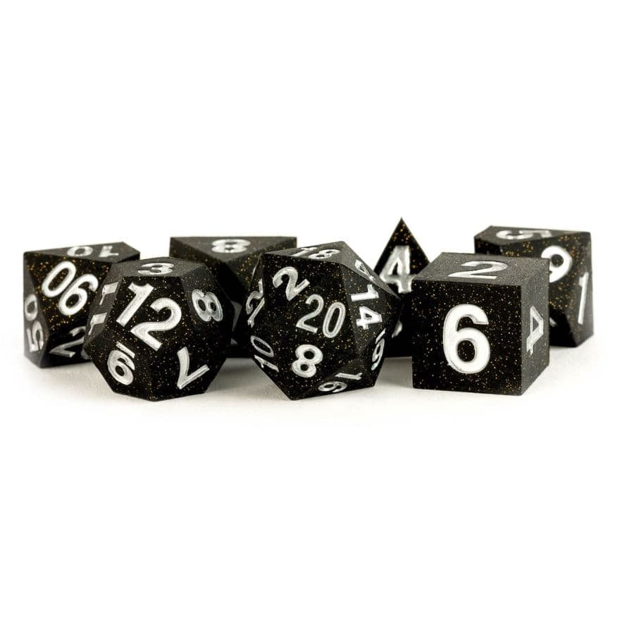 MDG Dice: Sharp-Edge Gold Scatter Rubber Poly 7 Set | Dragon's Lair Comics and Fantasy Houston TX