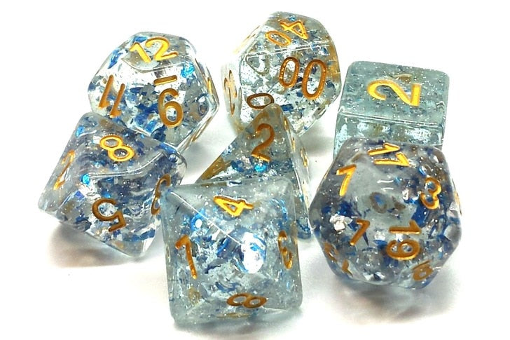 Old School Dice Particles Blue Gold Poly 7 Set | Dragon's Lair Comics and Fantasy Houston TX