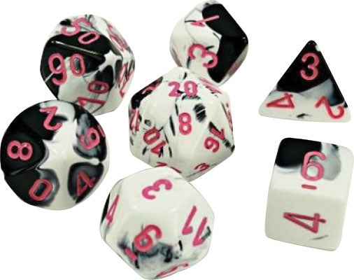 Chessex Lab Dice 4 Gemini: Black/White/Pink Poly 7 Set | Dragon's Lair Comics and Fantasy Houston TX