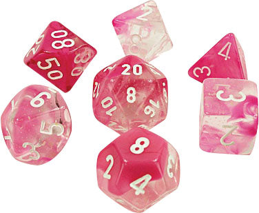 Chessex Lab Dice 4 Gemini: Clear/Pink/White Luminary Poly 7 Set | Dragon's Lair Comics and Fantasy Houston TX